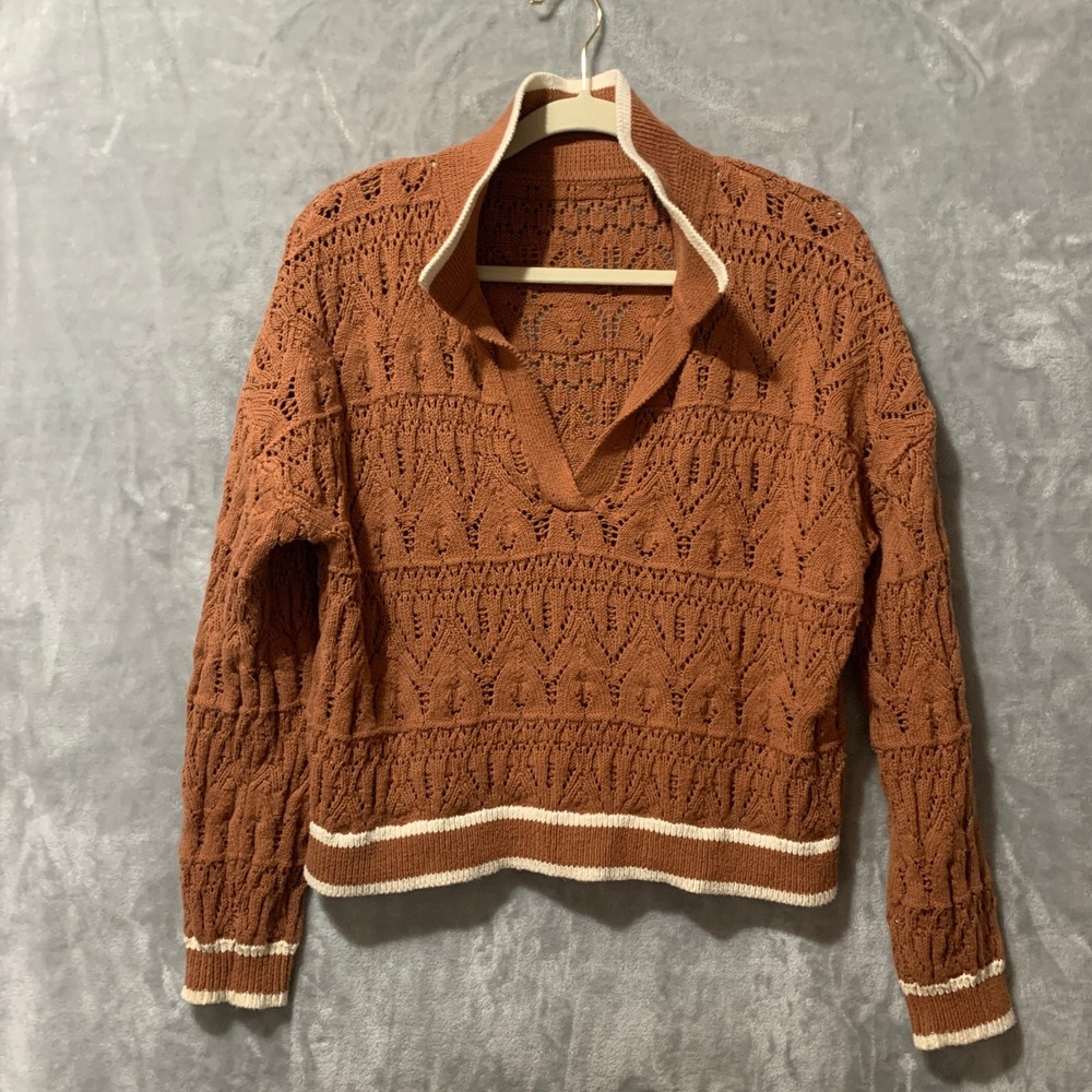 Target Rust Brown Pointelle Knit Polo Crop Sweater Med Cotton V-Neck Cream Trim